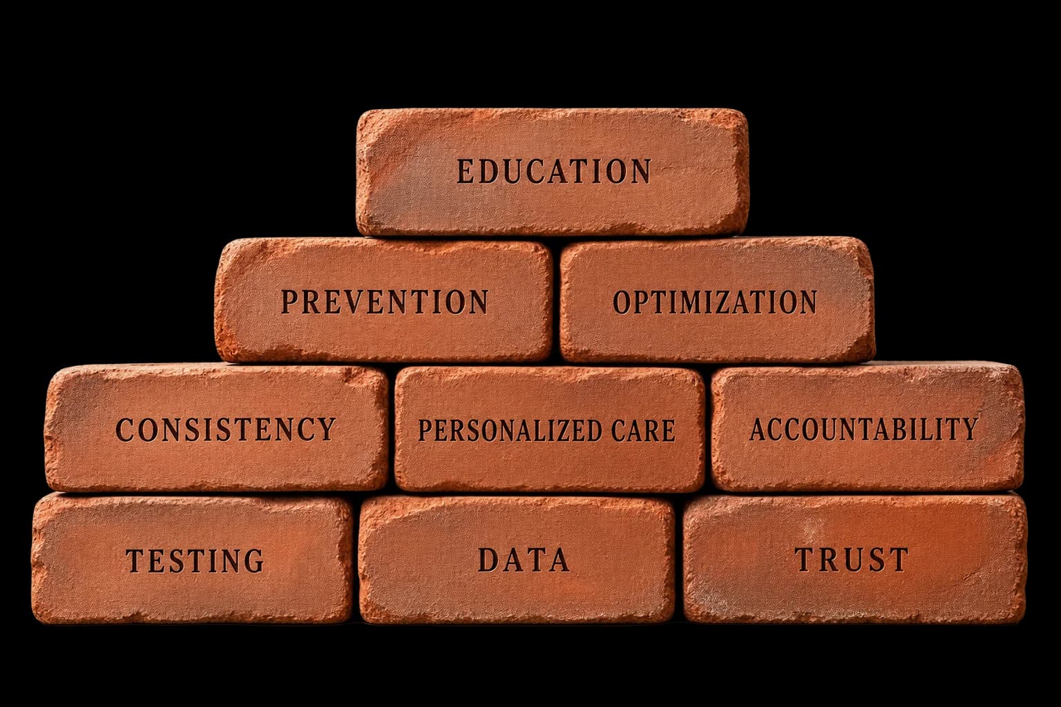 Nine bricks stacked into a foundation, each engraved with one word: testing, data and trust along the base; consistency, personalized care and accountability above them; then prevention and optimization; and education at the top