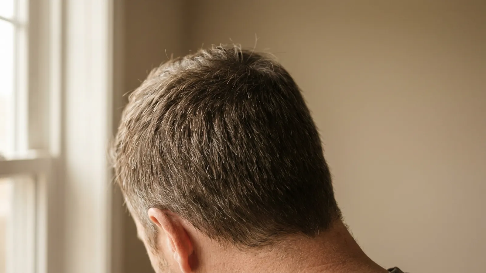 A close view of the back of a man's head, showing ordinary short hair with some grey