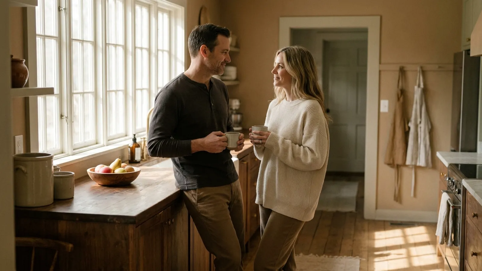 A couple stand talking in a sunlit kitchen, each holding a mug