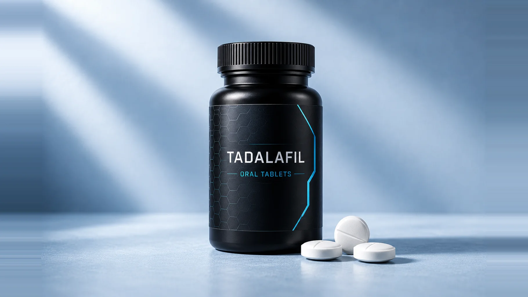 A matte black pill bottle labelled Tadalafil, oral tablets, with three plain white tablets beside it, lit by cool studio strip lights