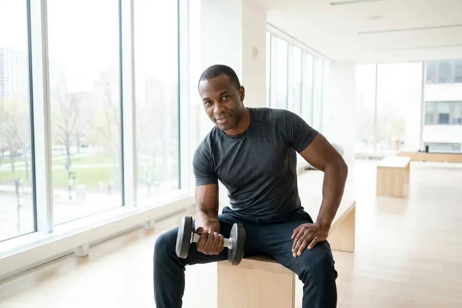 A man holding a dumbbell in a bright, window-lit gym