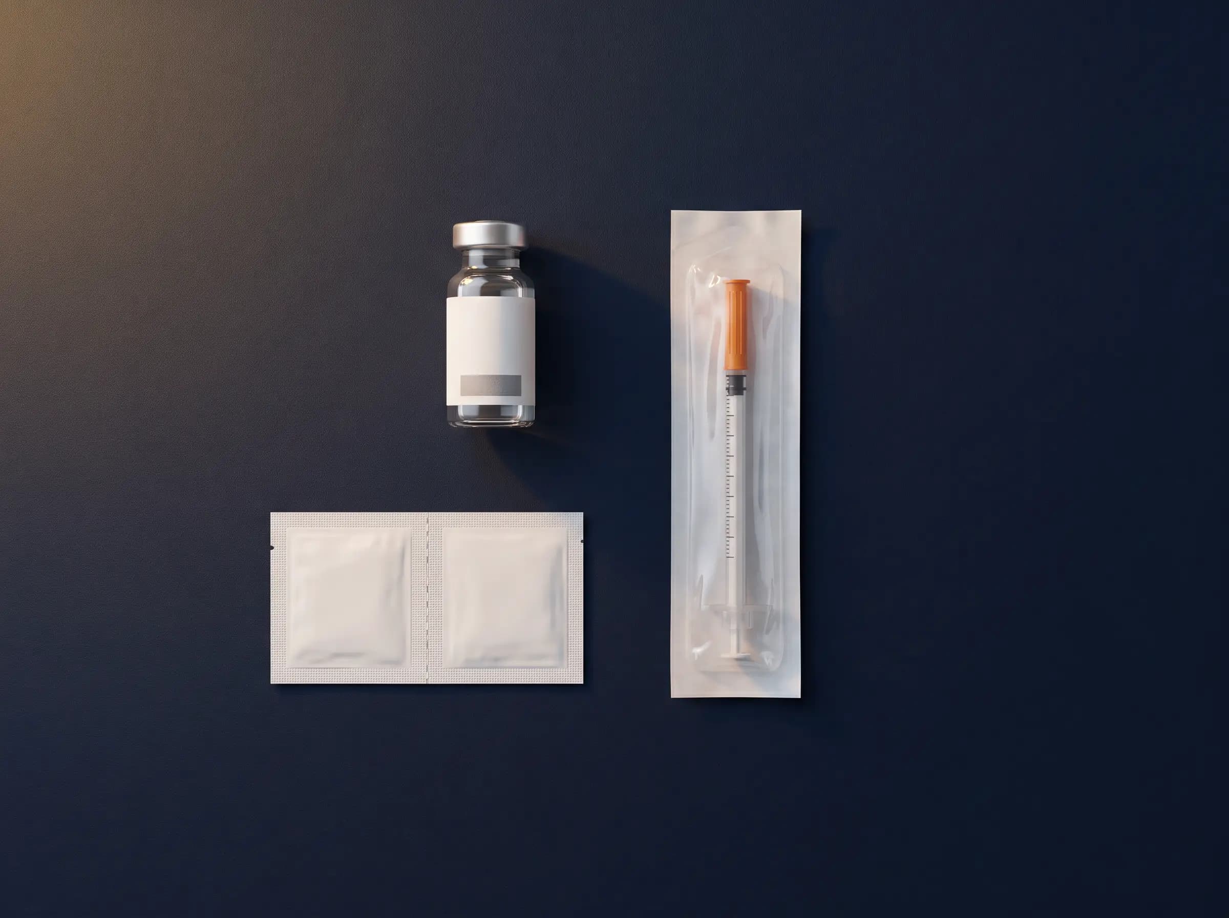 A medical vial, sealed syringe, and alcohol prep pads arranged on a navy surface