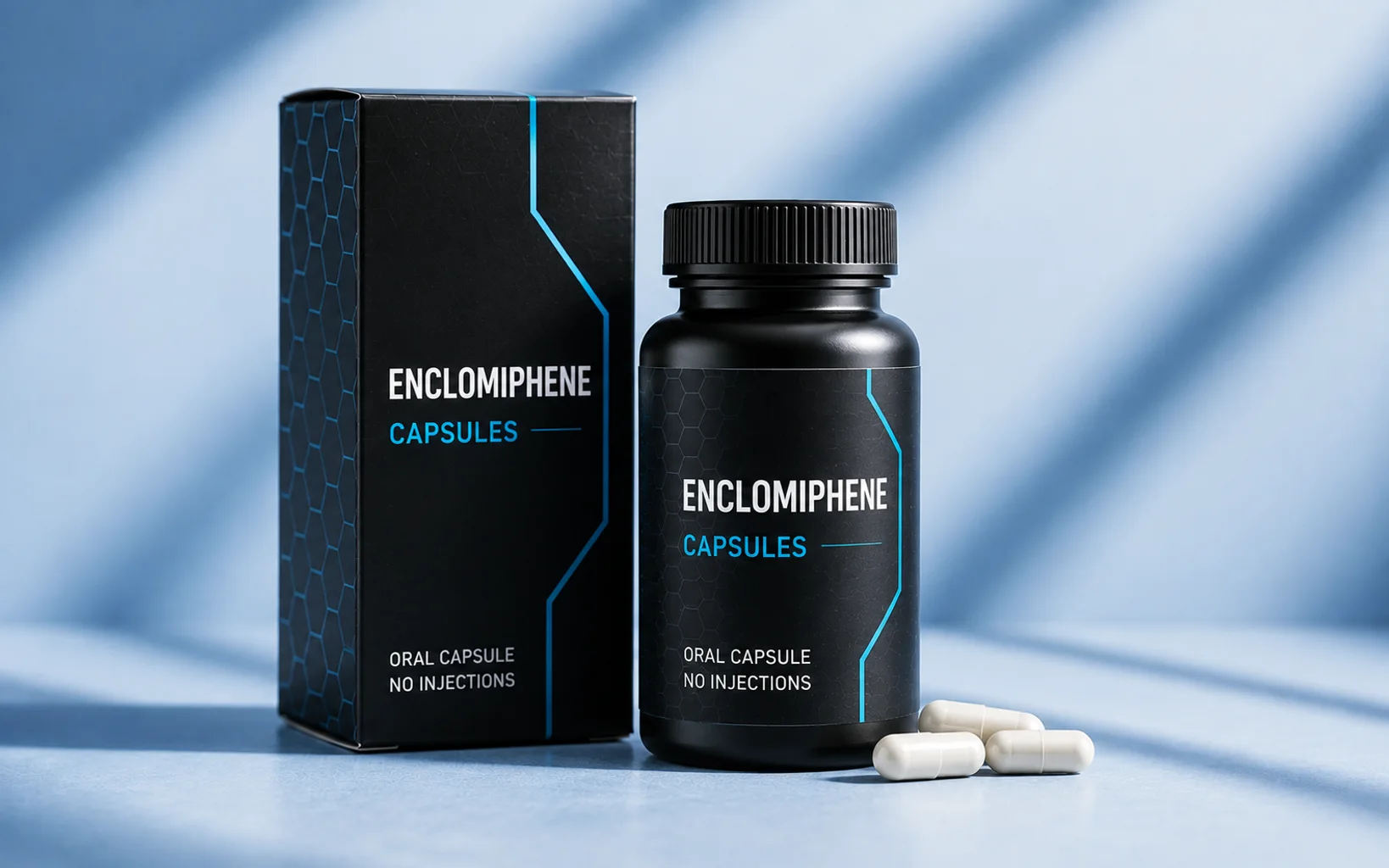A matte black bottle labelled Enclomiphene capsules beside its unbranded black carton, with three plain white capsules, on a soft blue background