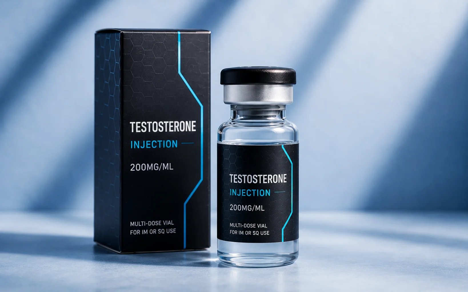 A clear glass vial labelled Testosterone injection, 200 mg/mL, beside its unbranded black carton, on a soft blue background