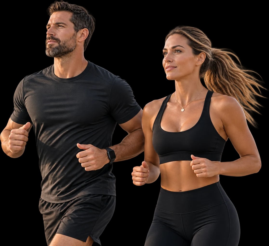 A man and a woman running together in dark activewear