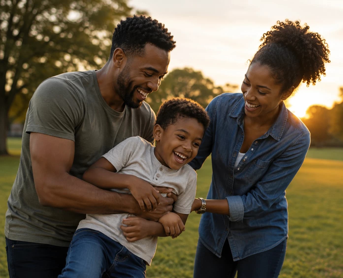 A father and mother playing with their young son in a park at sunset, all three laughing.