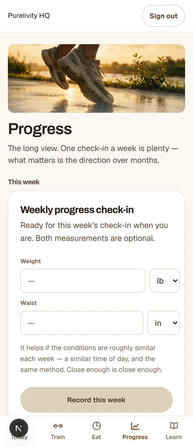 The Progress screen in Purelivity+