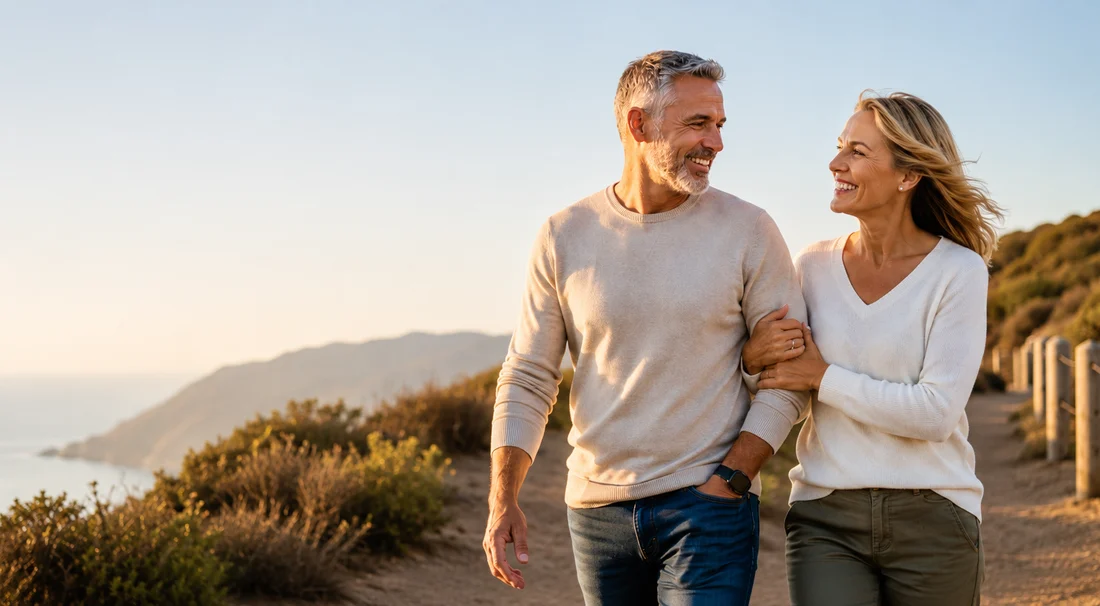 A couple in their fifties walking arm in arm on a coastal path at golden hour
